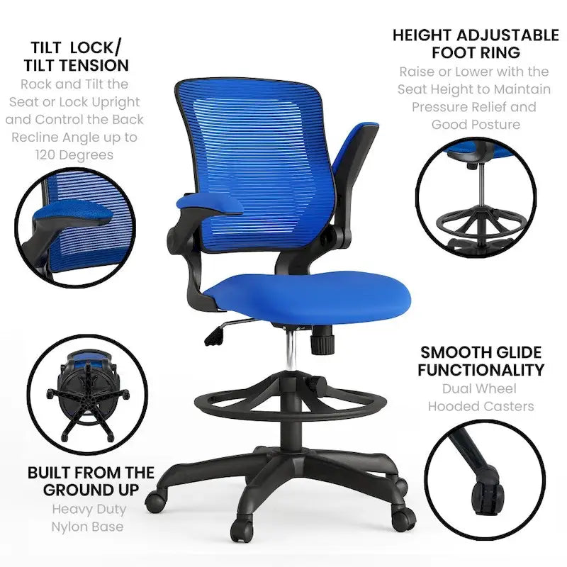 Chaise de bureau ergonomique mi-dossier en maille avec anneau repose-pieds et accoudoirs relevables