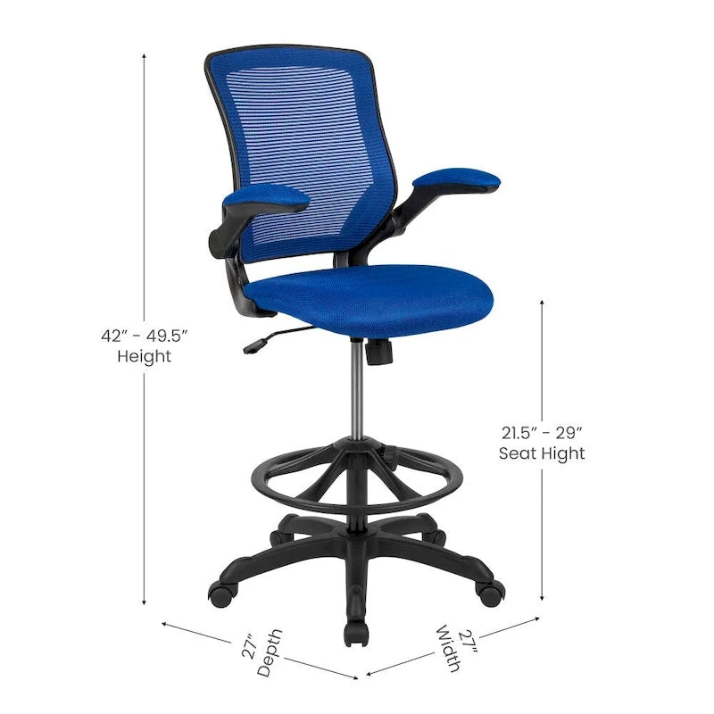 Chaise de bureau ergonomique mi-dossier en maille avec anneau repose-pieds et accoudoirs relevables