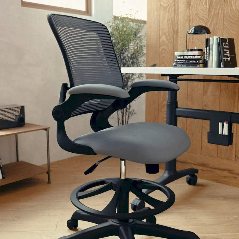 Chaise de bureau ergonomique mi-dossier en maille avec anneau repose-pieds et accoudoirs relevables