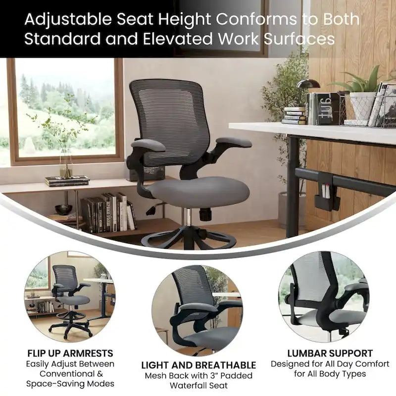 Chaise de bureau ergonomique mi-dossier en maille avec anneau repose-pieds et accoudoirs relevables