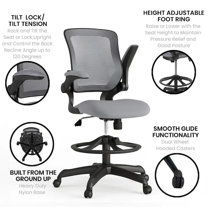 Chaise de bureau ergonomique mi-dossier en maille avec anneau repose-pieds et accoudoirs relevables