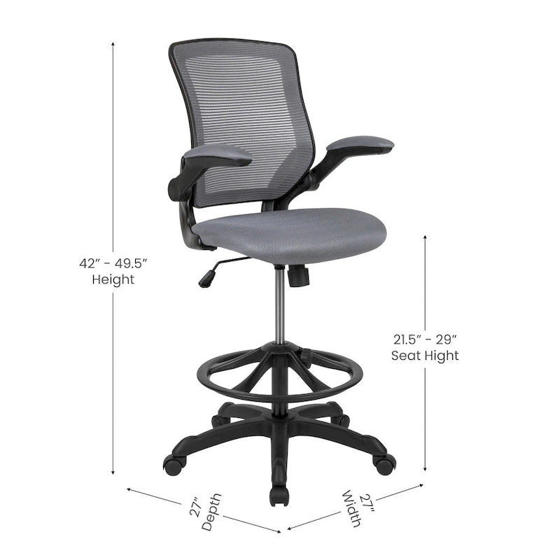 Chaise de bureau ergonomique mi-dossier en maille avec anneau repose-pieds et accoudoirs relevables