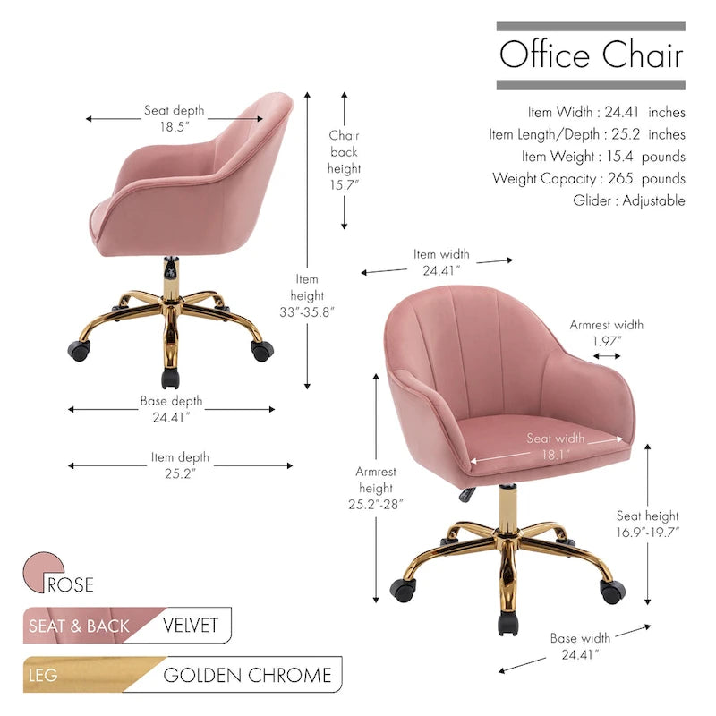Chaise de bureau Porthos Home Xenos en velours avec piètement chromé doré
