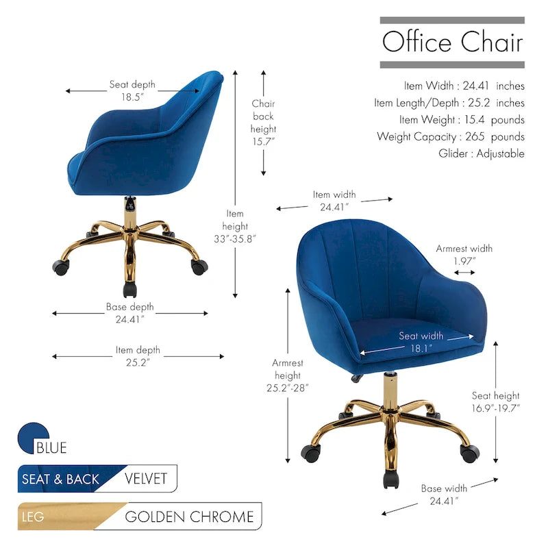 Chaise de bureau Porthos Home Xenos en velours avec piètement chromé doré