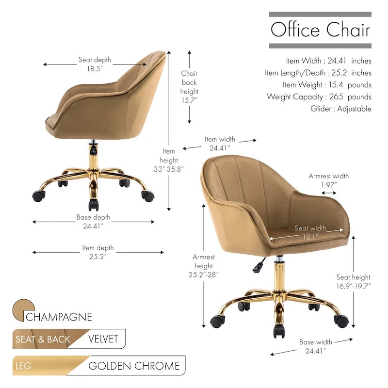Chaise de bureau Porthos Home Xenos en velours avec piètement chromé doré