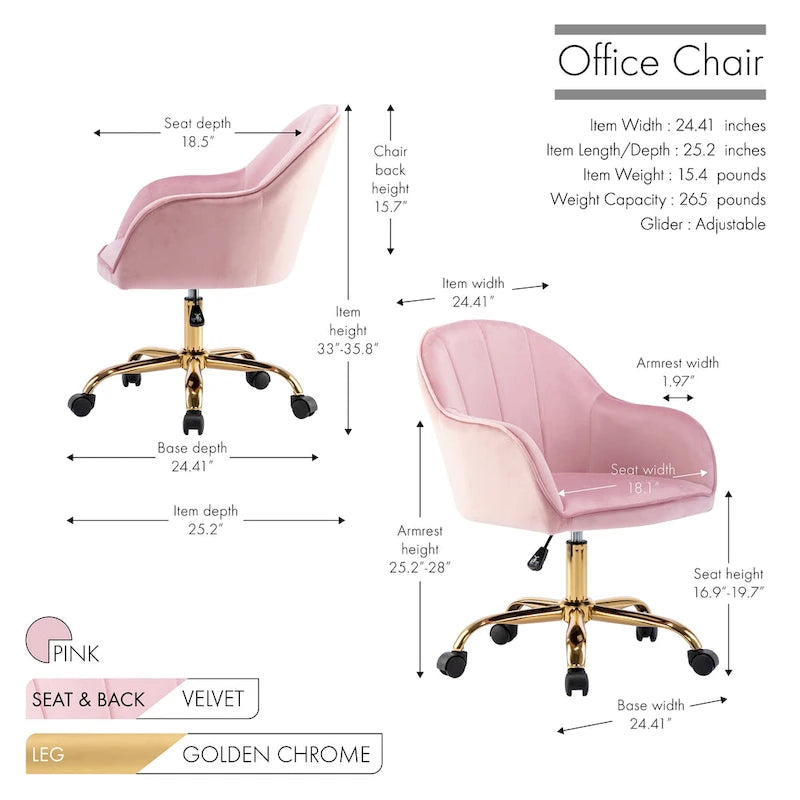 Chaise de bureau Porthos Home Xenos en velours avec piètement chromé doré
