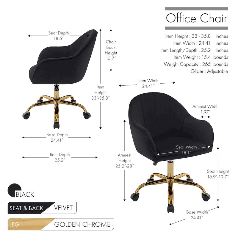 Chaise de bureau Porthos Home Xenos en velours avec piètement chromé doré