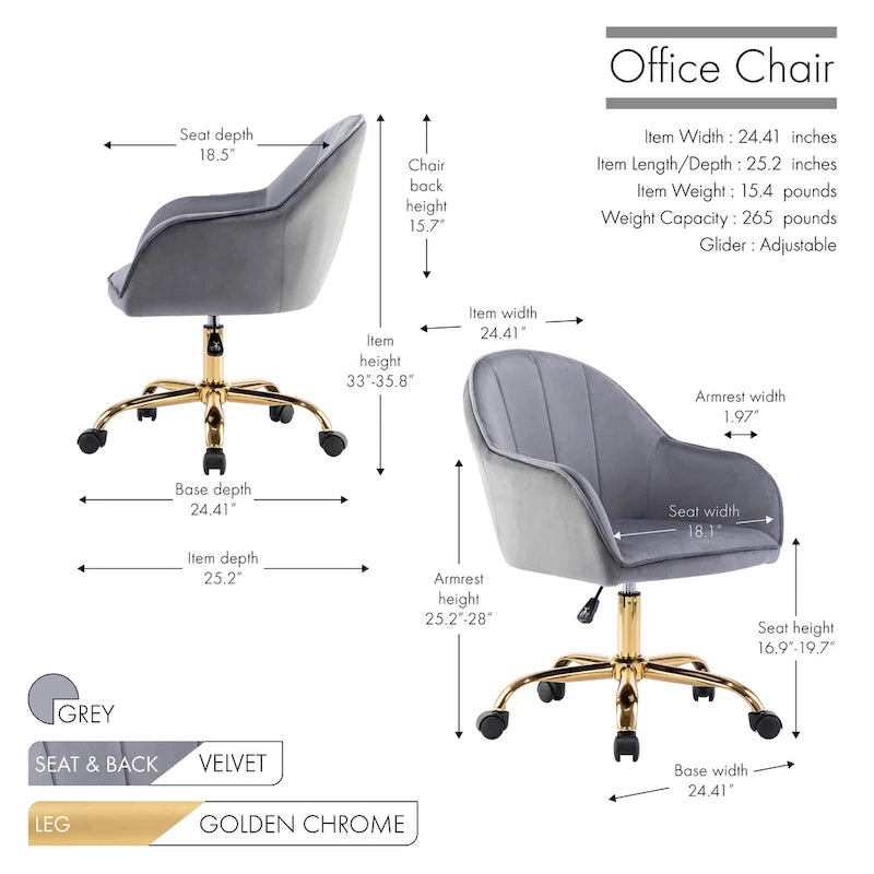 Chaise de bureau Porthos Home Xenos en velours avec piètement chromé doré