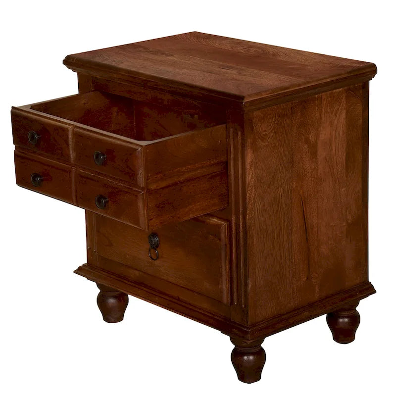 Table de chevet artisanale de 66 cm, 2 tiroirs, poignées noires thermolaquées, bois de manguier brun noyer