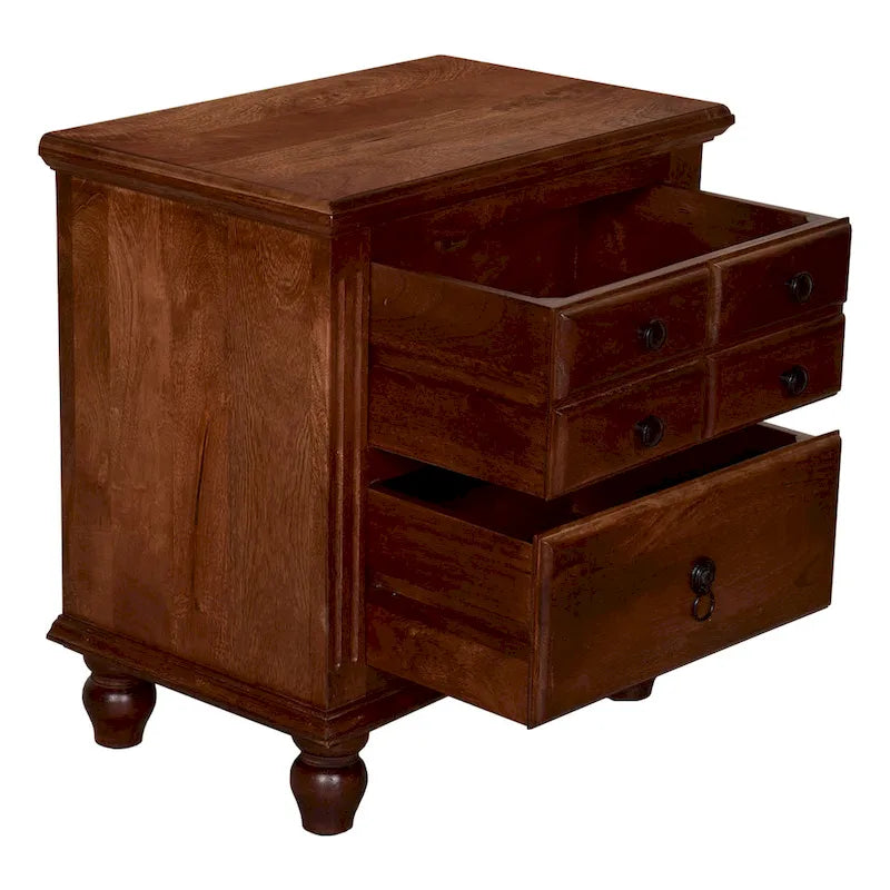 Table de chevet artisanale de 66 cm, 2 tiroirs, poignées noires thermolaquées, bois de manguier brun noyer