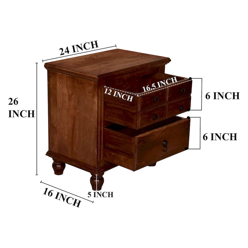 Table de chevet artisanale de 66 cm, 2 tiroirs, poignées noires thermolaquées, bois de manguier brun noyer