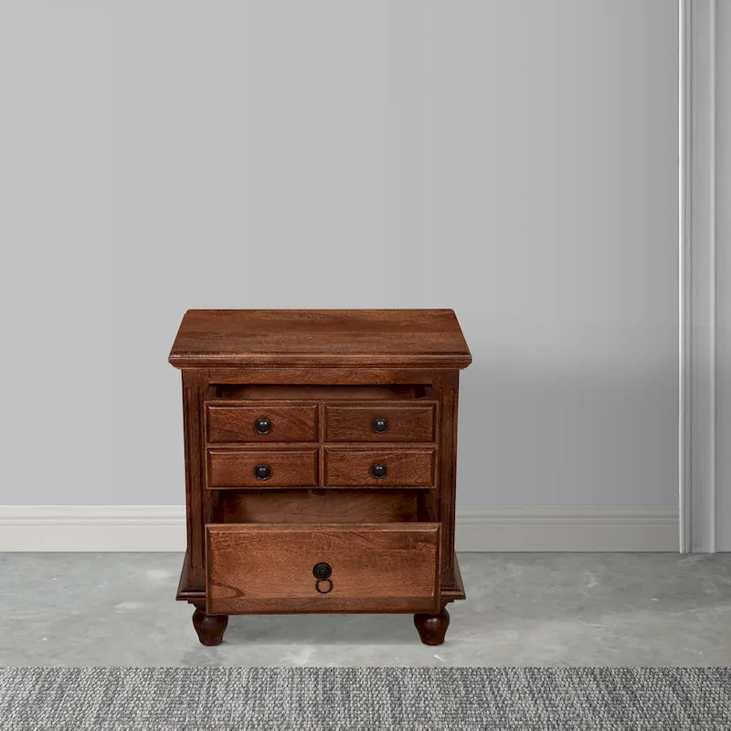Table de chevet artisanale de 66 cm, 2 tiroirs, poignées noires thermolaquées, bois de manguier brun noyer