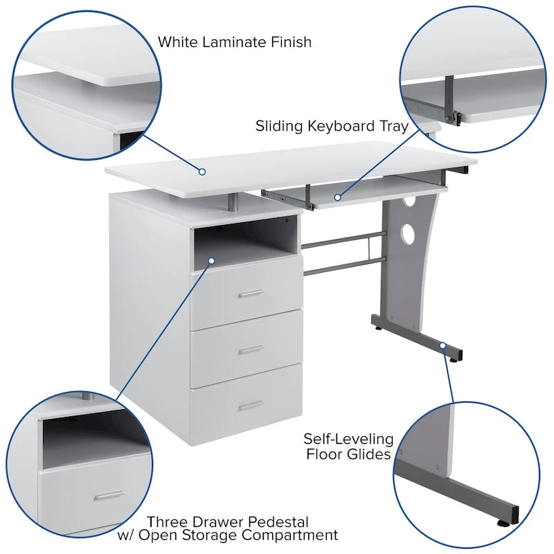 Bureau informatique 3 tiroirs avec tablette clavier