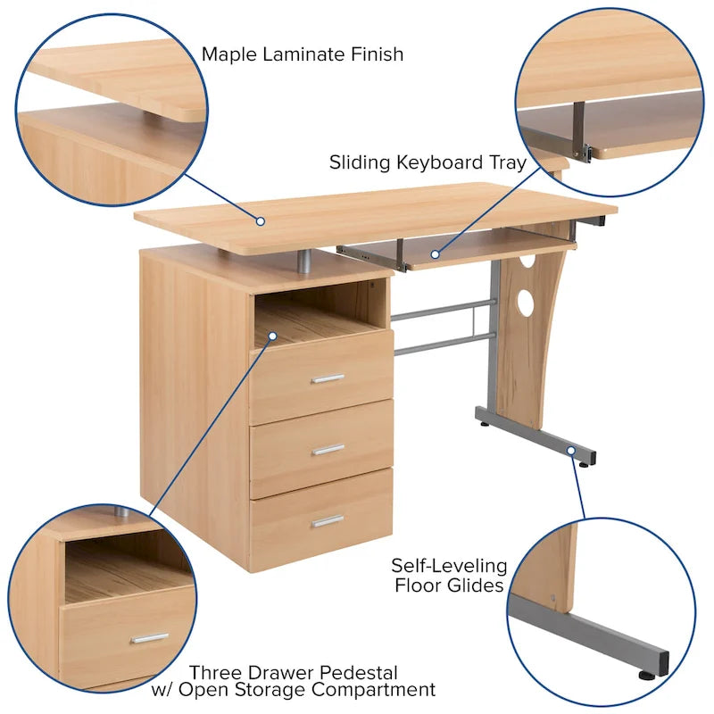 Bureau informatique 3 tiroirs avec tablette clavier