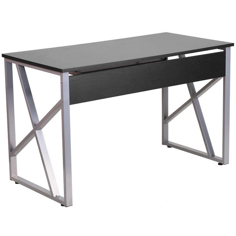 Bureau informatique avec tablette coulissante pour clavier et cadre en croisillons