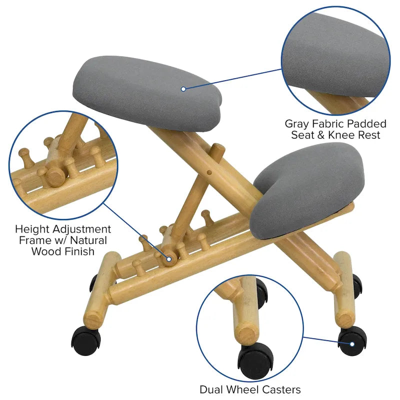 Chaise de bureau ergonomique à genoux en bois mobile en tissu gris