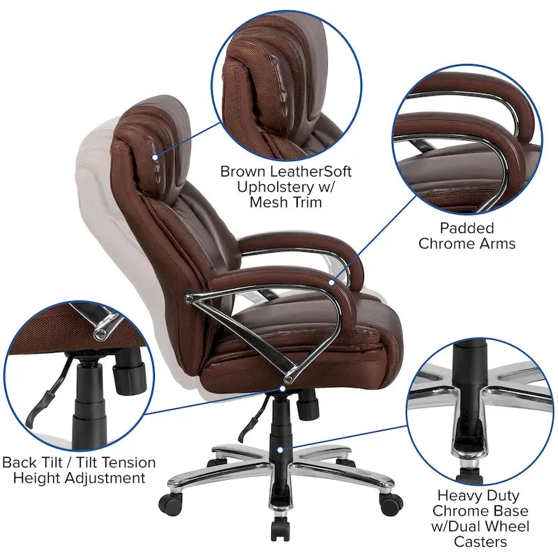 Chaise de bureau ergonomique pivotante en cuir pleine fleur, grande taille