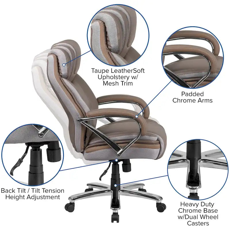 Chaise de bureau ergonomique pivotante en cuir pleine fleur, grande taille
