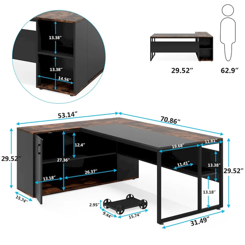 Bureau de direction en L de 71 pouces avec armoire