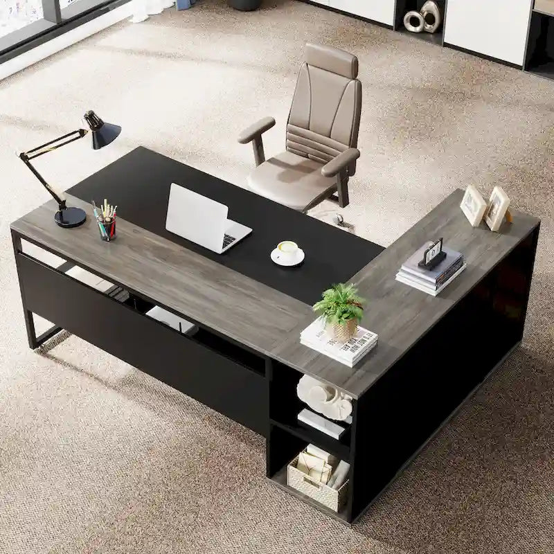 Bureau de direction en L de 71 pouces avec armoire