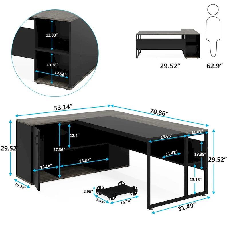 Bureau de direction en L de 71 pouces avec armoire