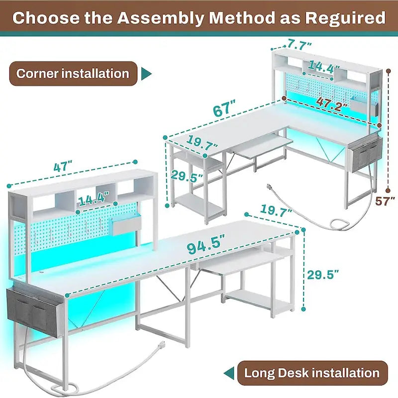 Bureau d'ordinateur réversible en forme de L avec étagère et lumière LED pour le jeu