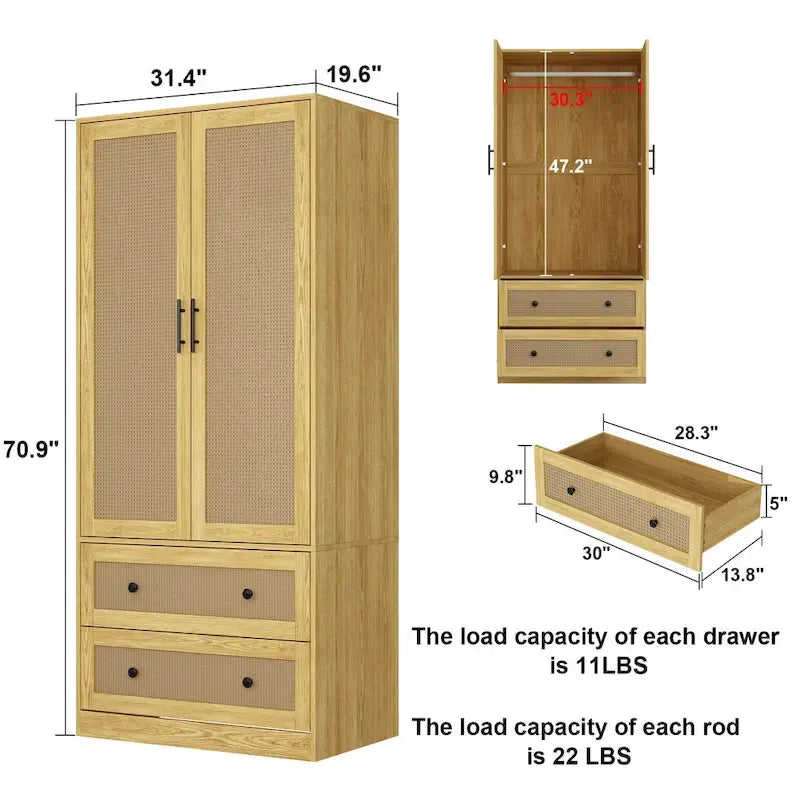 Placard penderie en bois avec tringle et tiroirs - Organiseur de rangement