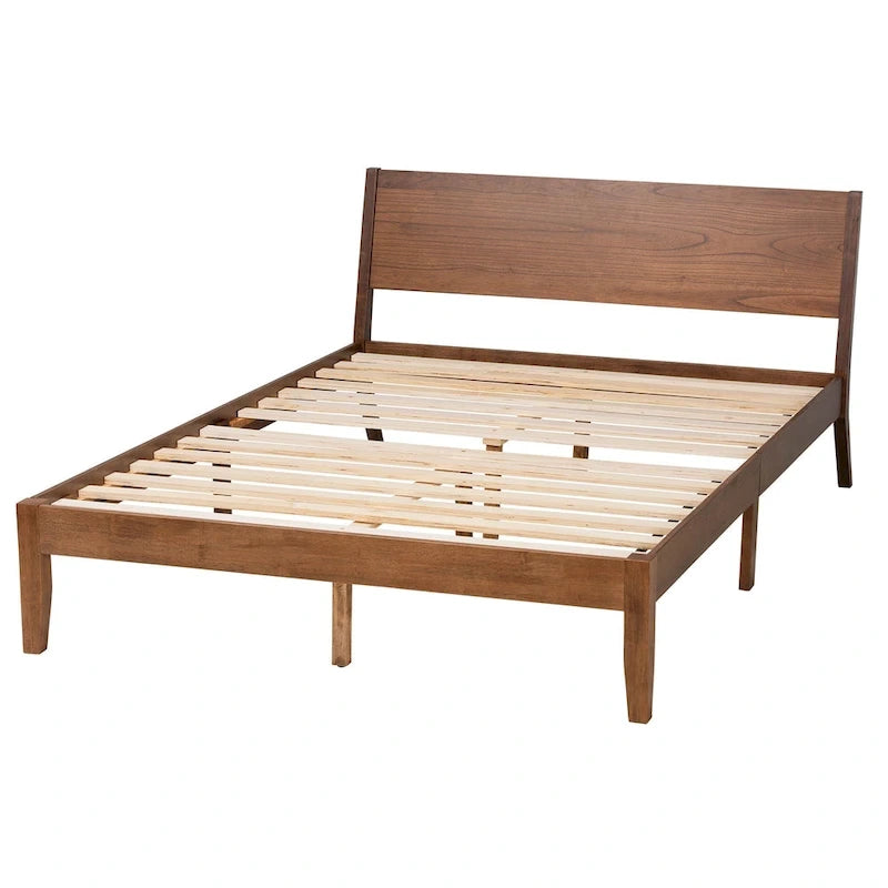 Lit plateforme Salvatore en bois finition noyer, style moderne du milieu du siècle