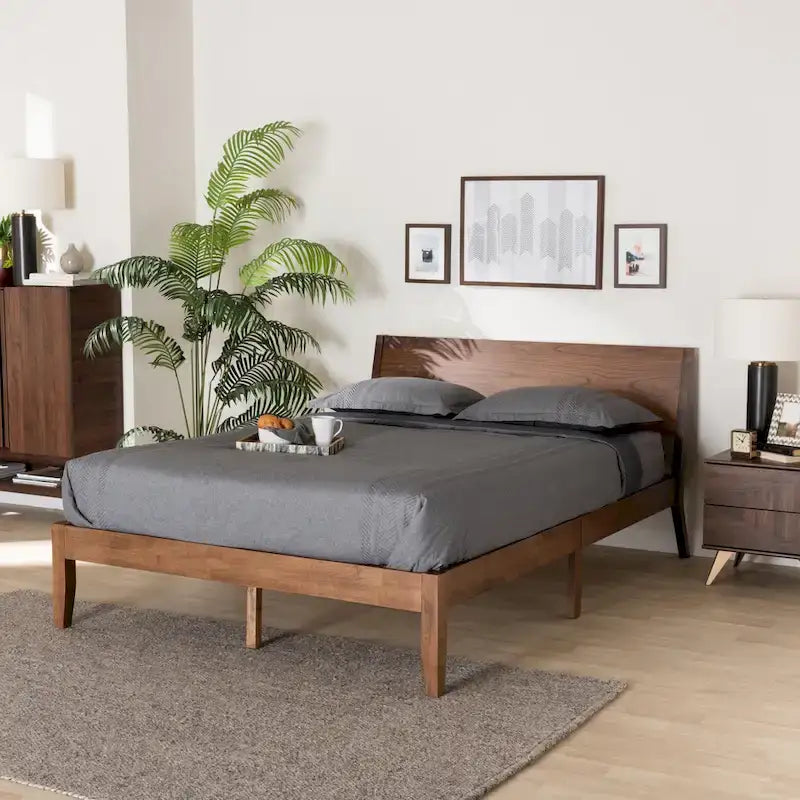 Lit plateforme Salvatore en bois finition noyer, style moderne du milieu du siècle