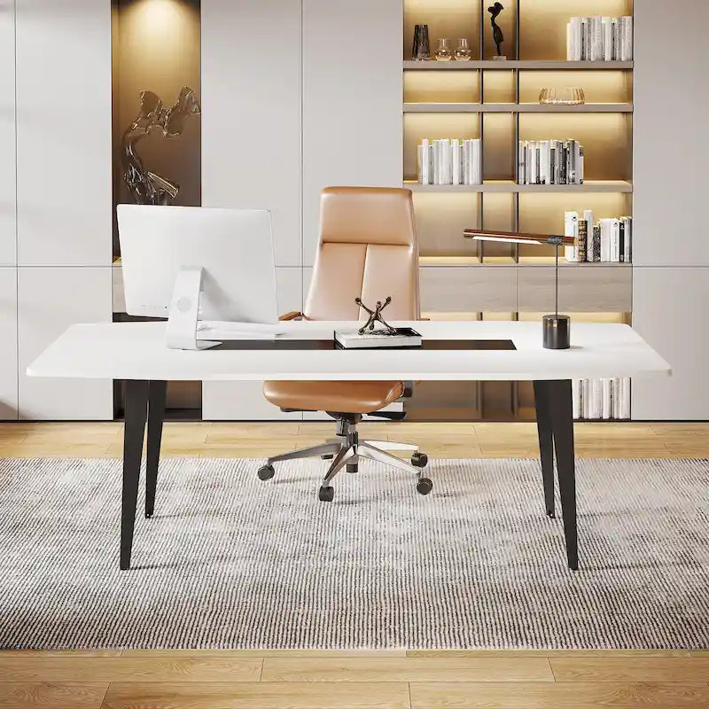 Bureau blanc de 70,86 pouces avec pieds métalliques robustes, forme de bateau