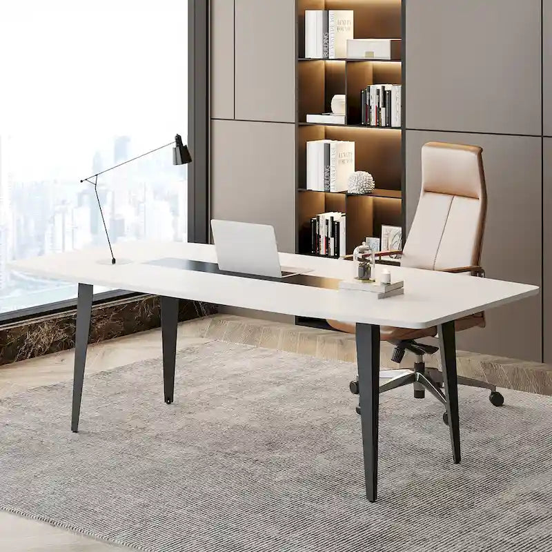 Bureau blanc de 70,86 pouces avec pieds métalliques robustes, forme de bateau