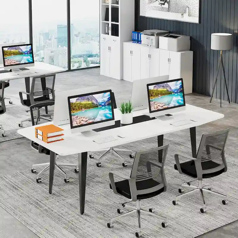 Bureau blanc de 70,86 pouces avec pieds métalliques robustes, forme de bateau