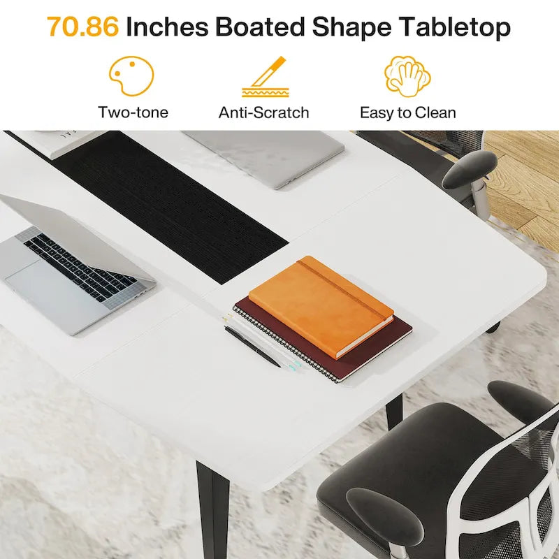 Bureau blanc de 70,86 pouces avec pieds métalliques robustes, forme de bateau