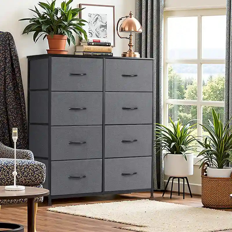 Commode de chambre à coucher, 8 tiroirs de rangement, Tour de rangement haute en tissu avec dessus en bois et cadre en métal