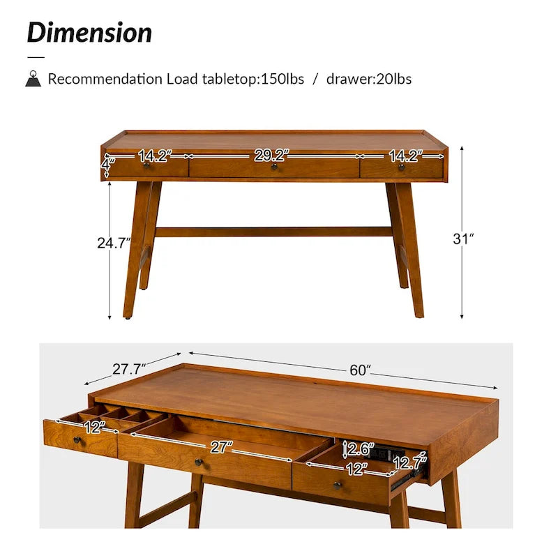 Bureau de direction Mid-century Eugenia avec séparateur de tiroir, gestion des câbles et station de charge par HULALA HOME