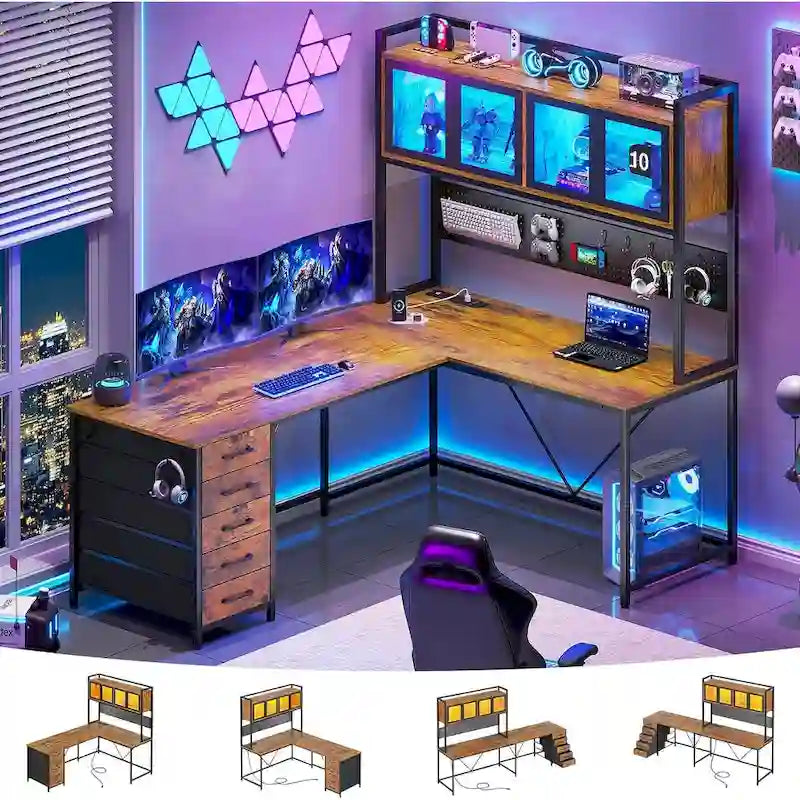 Bureau Gamer en L, Bureau d'Ordinateur avec Panneau Perforé, 5 Tiroirs et Étagère de Rangement