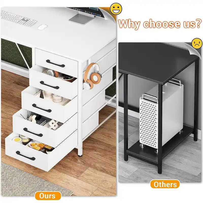 Bureau Gamer en L, Bureau d'Ordinateur avec Panneau Perforé, 5 Tiroirs et Étagère de Rangement