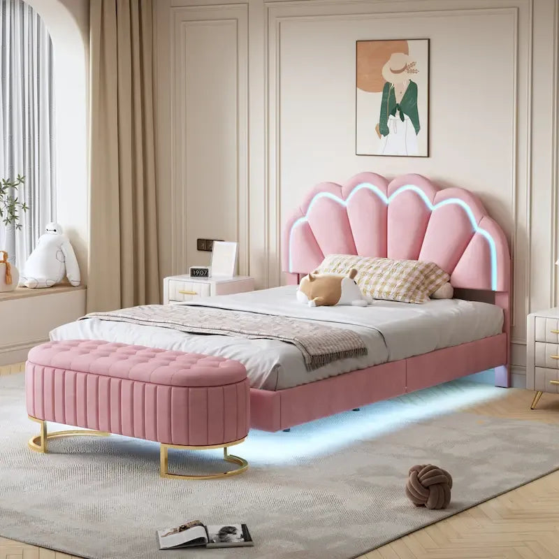 Ensembles de chambre à coucher 2 pièces – Lit plateforme double avec LED et pouf de rangement