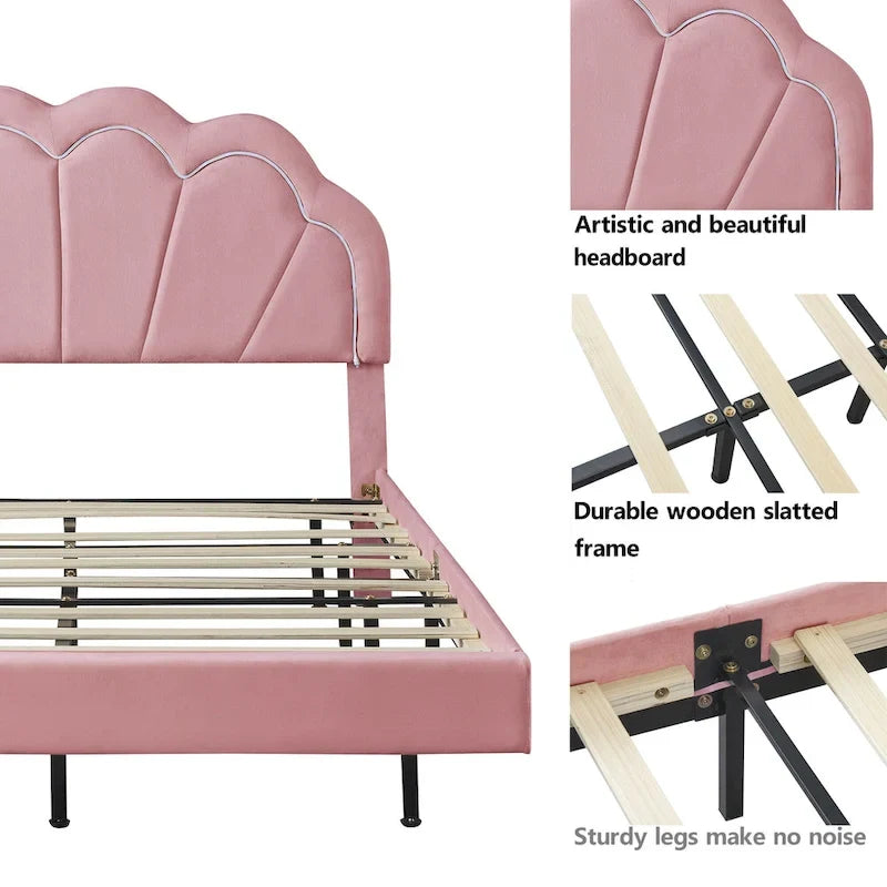 Ensembles de chambre à coucher 2 pièces – Lit plateforme double avec LED et pouf de rangement