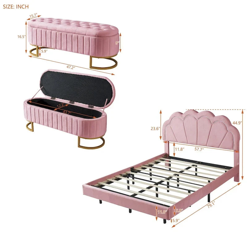 Ensembles de chambre à coucher 2 pièces – Lit plateforme double avec LED et pouf de rangement