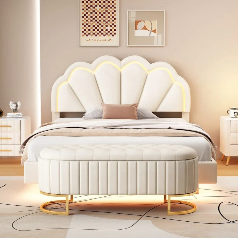Ensembles de chambre à coucher 2 pièces – Lit plateforme double avec LED et pouf de rangement