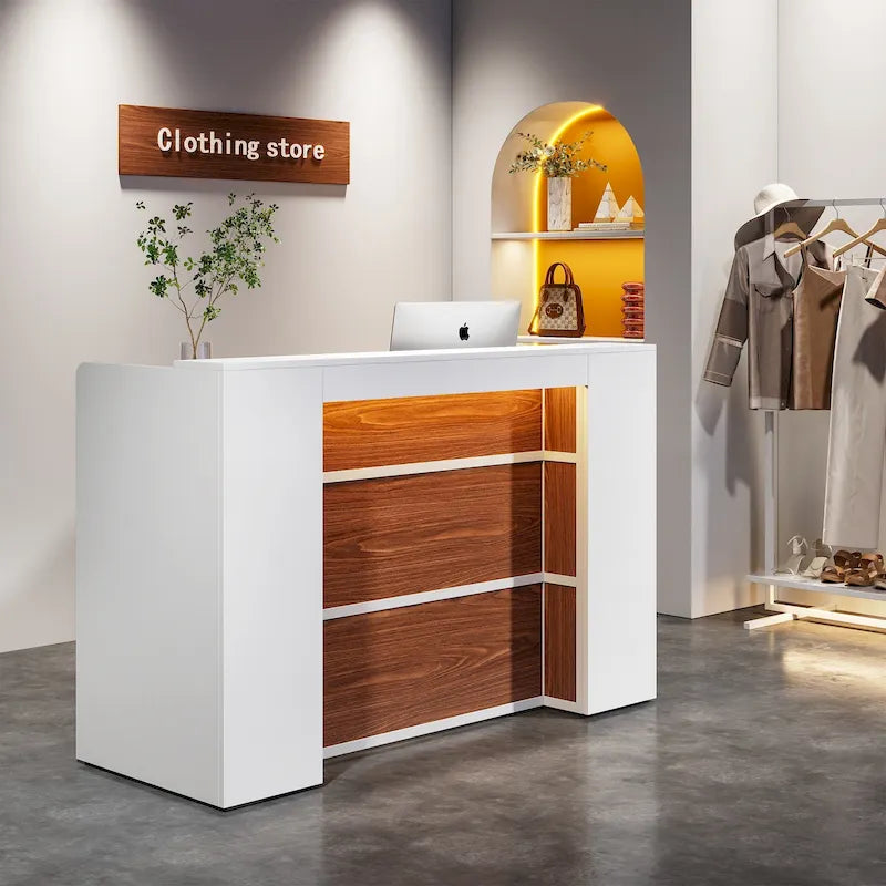 Bureau de réception avec lumières LED, grande table de comptoir de réception avec panneaux privés