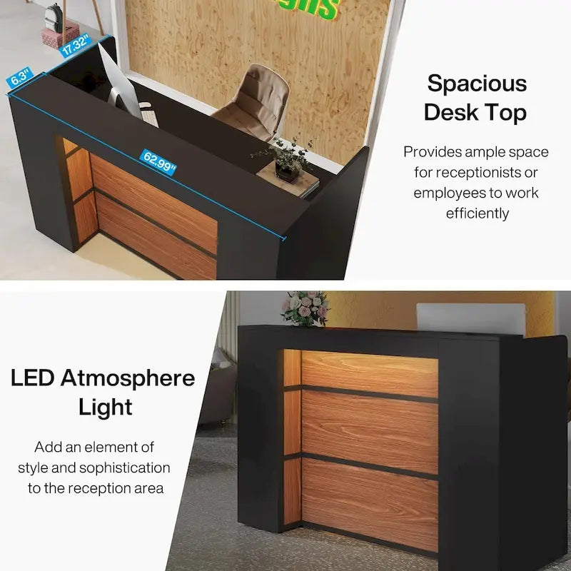 Bureau de réception avec lumières LED, grande table de comptoir de réception avec panneaux privés