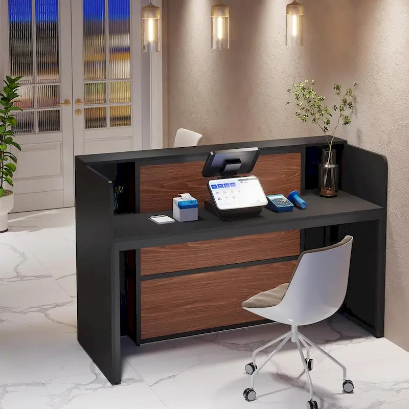 Bureau de réception avec lumières LED, grande table de comptoir de réception avec panneaux privés