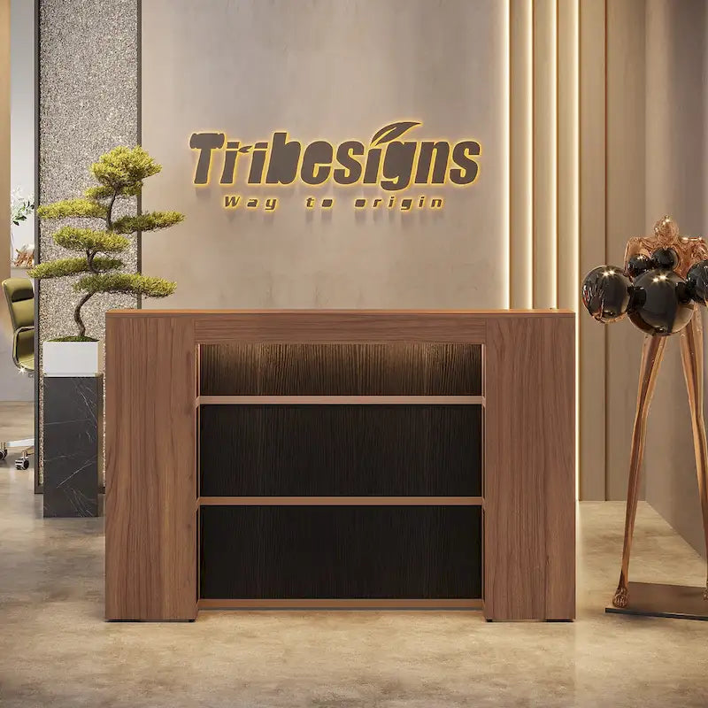 Bureau de réception avec lumières LED, grande table de comptoir de réception avec panneaux privés
