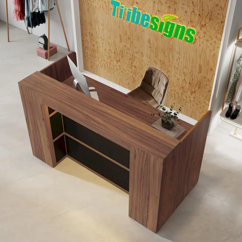Bureau de réception avec lumières LED, grande table de comptoir de réception avec panneaux privés