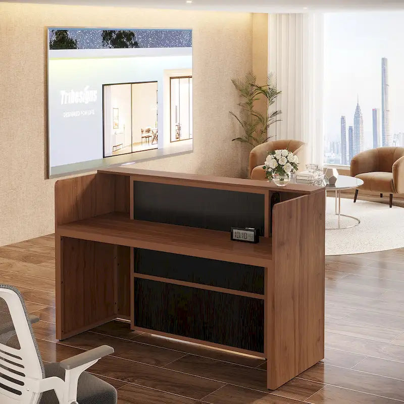 Bureau de réception avec lumières LED, grande table de comptoir de réception avec panneaux privés