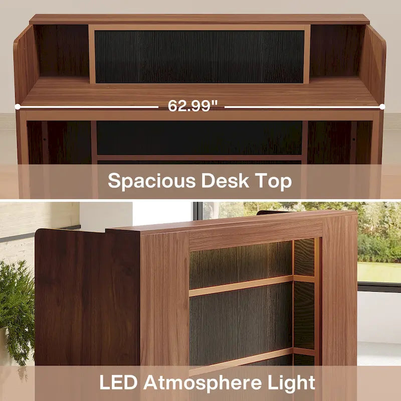 Bureau de réception avec lumières LED, grande table de comptoir de réception avec panneaux privés