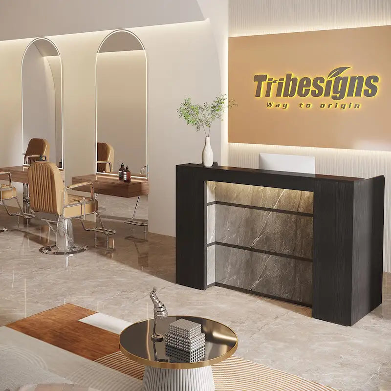 Bureau de réception avec lumières LED, grande table de comptoir de réception avec panneaux privés