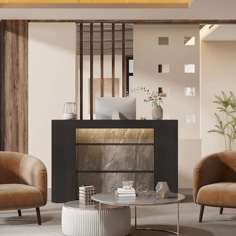 Bureau de réception avec lumières LED, grande table de comptoir de réception avec panneaux privés